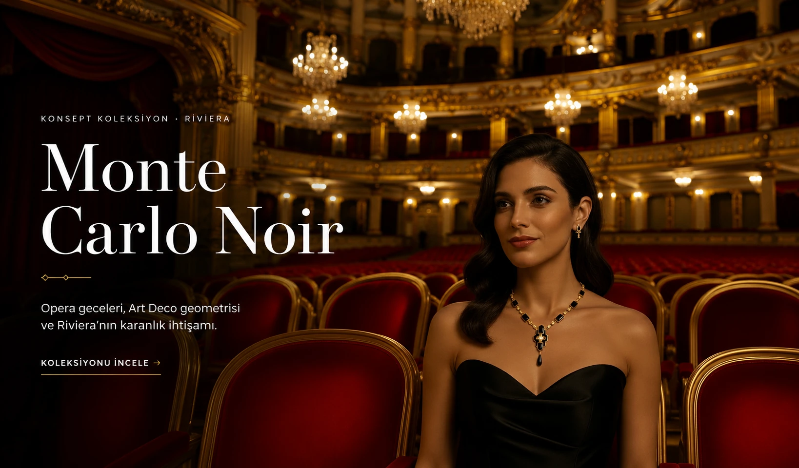 Monte Carlo Noir — opera salonunda siyah elbiseli kadın